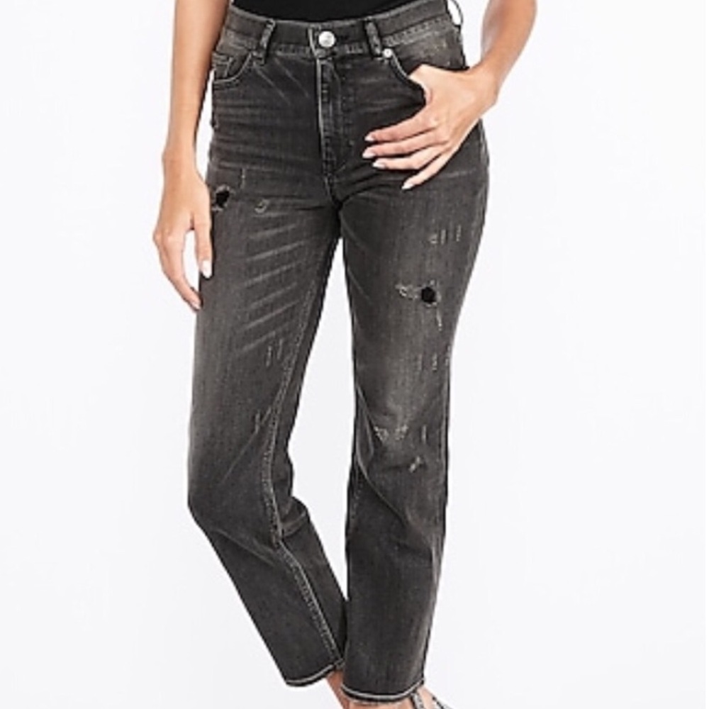 Express Women 4 Gray Denim Distressed High Rise Original Straight Ankle Jeans